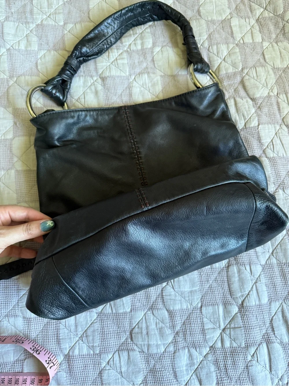b. makowsky Black Leather Hobo Bag with Braided Stitch Detail